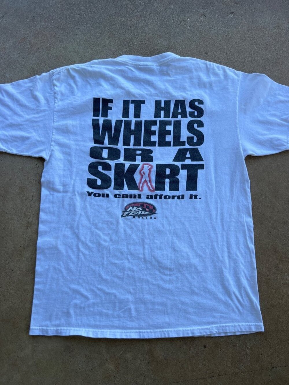 Vintage No Fear Racing White Graphic T-Shirt Size XL - "If It Has Wheels Or A Sk